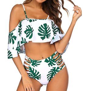 Women High Waisted Swimsuit Two Piece Tummy Control Bikini Off Shoulder